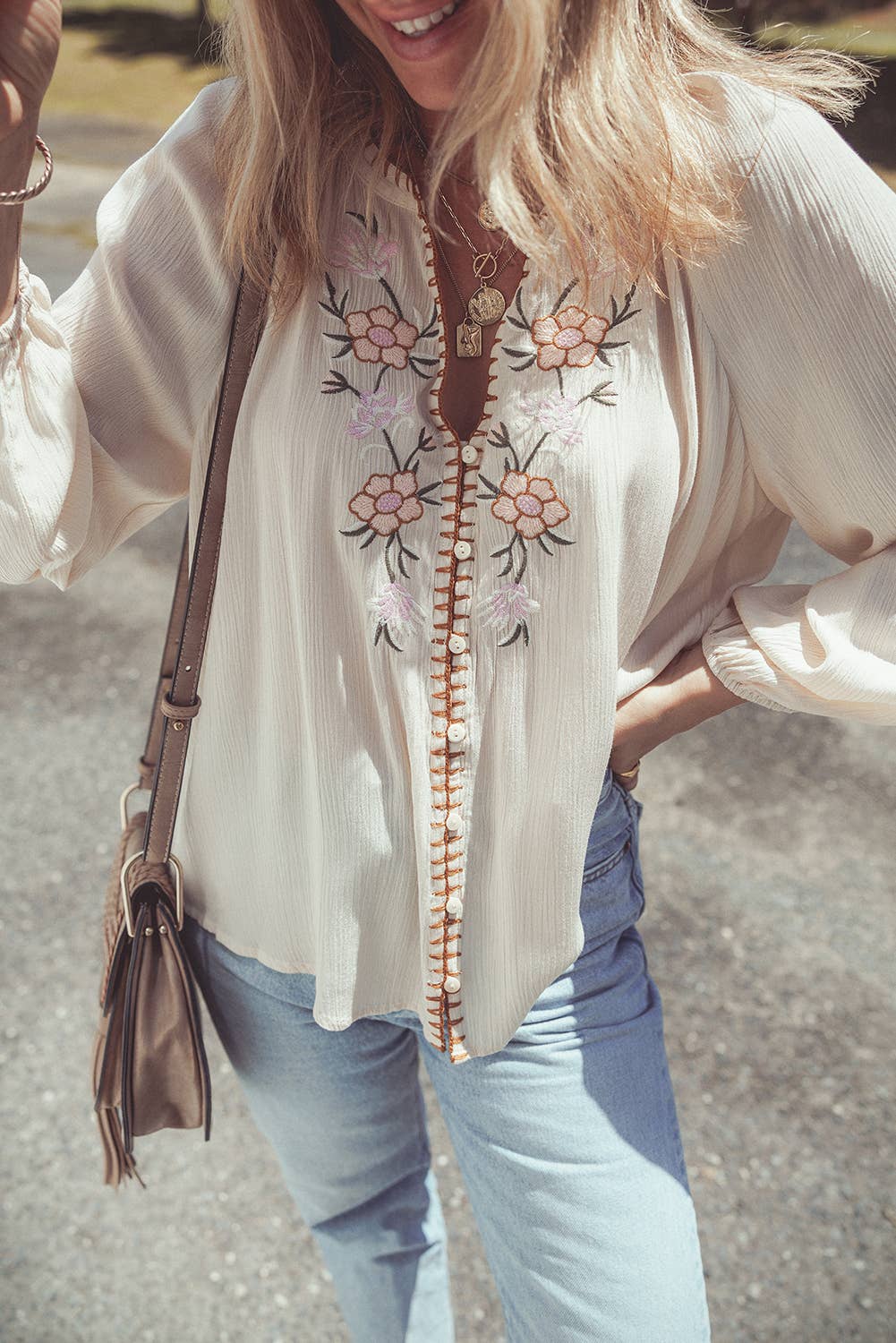 Floral Embroidered Puff Sleeve Shirt