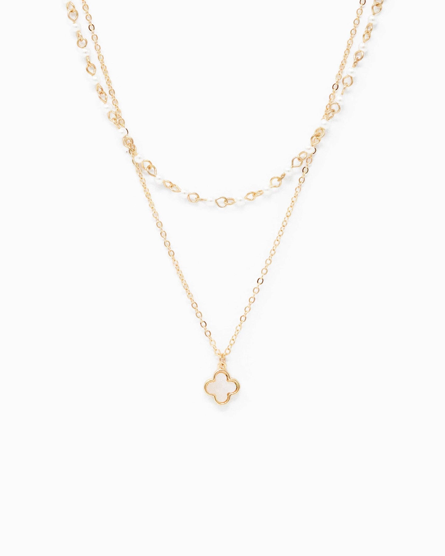 Double Layered Clover Necklace with Pearl Chain