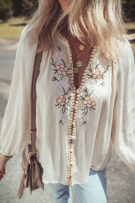 Floral Embroidered Puff Sleeve Shirt