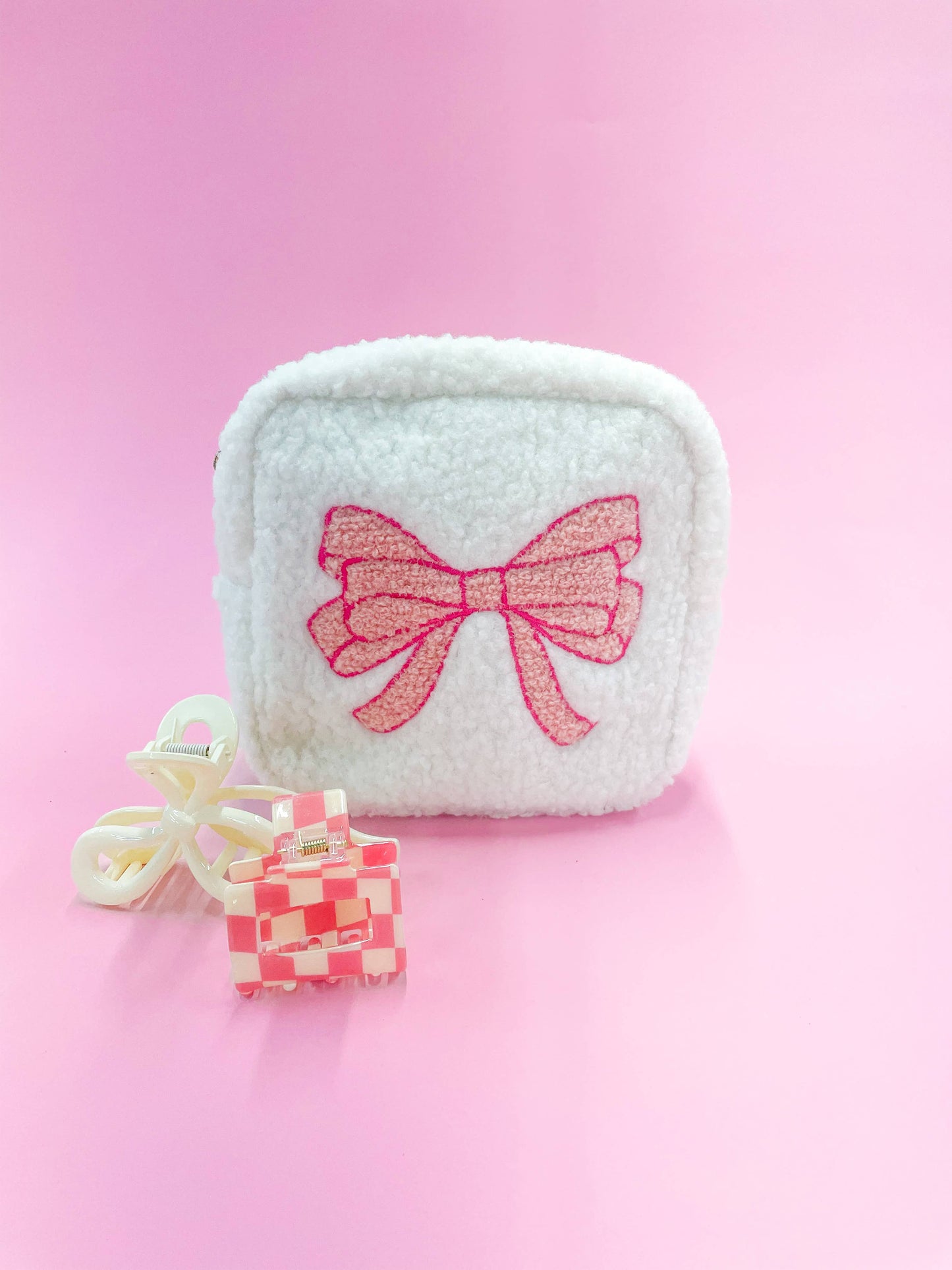 Pink Bow Teddy Cosmetic Zipper Bag