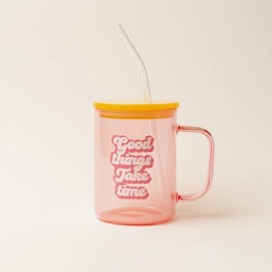 Color Glass Mug with Handle-Peach Good Things Take Time