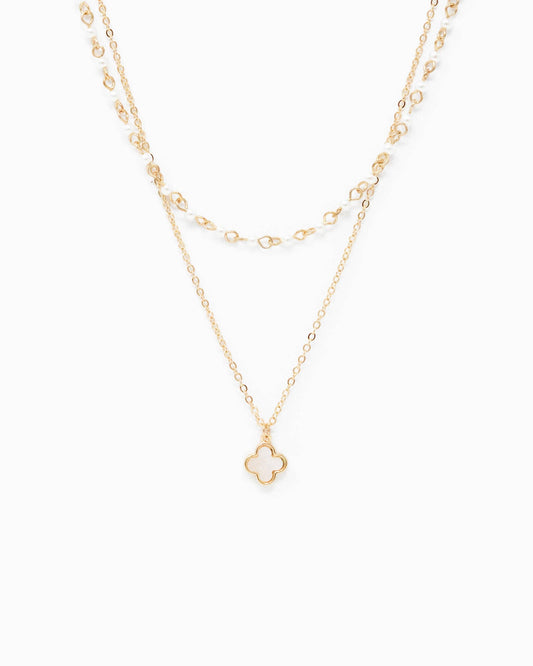 Double Layered Clover Necklace with Pearl Chain